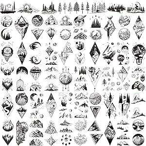 62 sheets, Hotoyannia 62 Sheets Mountain Temporary Tattoos Stickers, Including Fake Tattoos Waterproof Black Geometry Sun Star Moon Tree Triangle Sea Wave Semi Permanent Tattoos for Adult and Kids