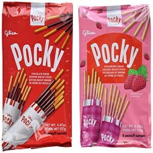 グリコポッキーファミリーファンパック4.47オンス＆4.19オンス、9パック（チョコレートとストロベリー、2パック） Glico Pocky Family Fun Pack 4.47 oz & 4.19 oz, 9 packs (Chocolate and Strawberry, Pack of 2)