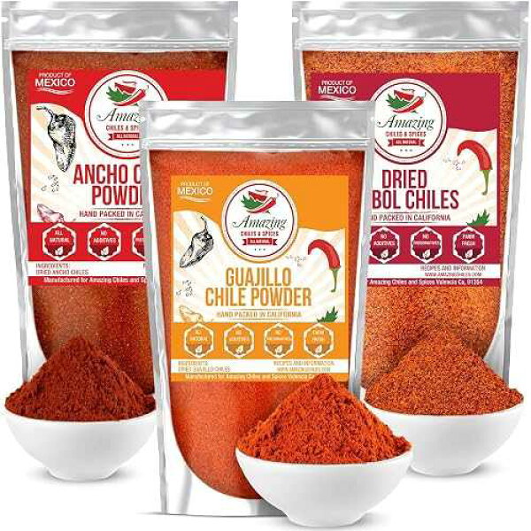 Chile Powder Variety Pack (12 oz Total) - Ancho, Guajillo & Arbol for Authentic Mexican Flavor Pure Ground Dried Chiles for Moles, Salsas, Sauces, Stews, Rubs, Tamales by Amazing Chiles & Spices