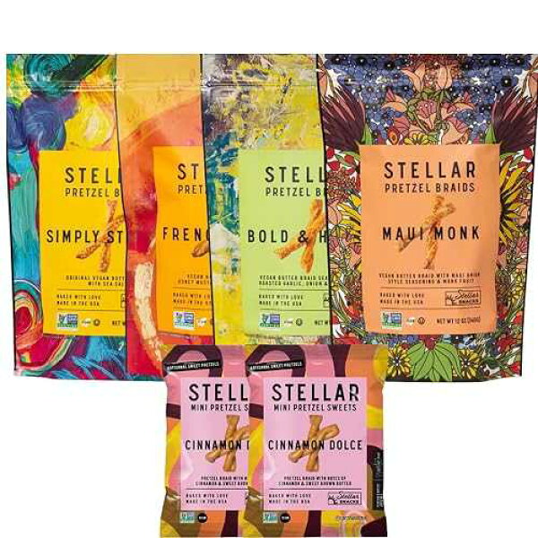 Stellar Snacks Pretzel Braids, 5 Flavor Variety Sampler Pack of Regular and Mini Pretzels Combo, Maui Monk, Simply Stellar, French Dijon, Bold Herby, Cinnamon Dolce, 12 Oz Pretzels & 1.5 Oz Bags, Gourmet Pretzel