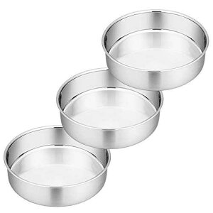 P&P CHEF 8 Inch Round Cake Pan Set of 3, Stainless Steel Round Baking Layer Pans Bakeware for Layer Birthday Cake, Fit Oven/Pots/Pressure Cooker, Leakproof & Dishwasher Safe, Silver