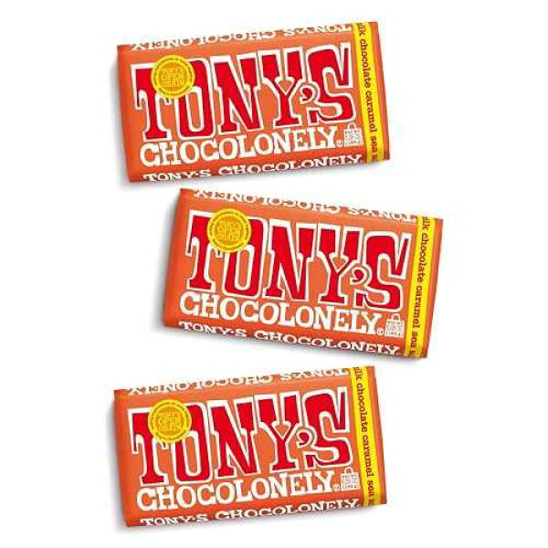 トニーズ・ショコラネリー 32% ミルクチョコレート キャラメルソルト 6.35オンス(3個入り) Tony's Chocolonely 32% Milk Chocolate Caramel Sea Salt Bars - Caramel Sea Salt Chocolate, Belgium Chocolate, No Artificial Flavoring, Fair