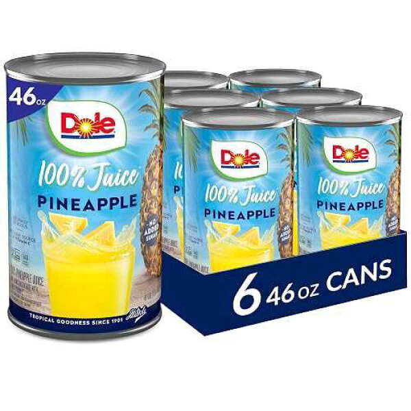 Dole 100% Pineapple Juice, No Added Sugar, Excellent Source of Vitamin C, 100% Fruit Juice, 46 Fl Oz Can, Packaging May Vary