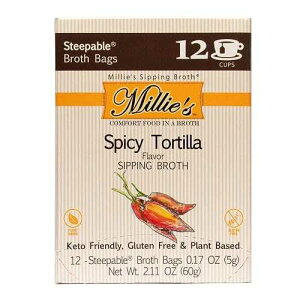 Millie's Sipping Broth Millie's SPICY TORTILLA SIPPING BROTH Steepable Vegetable Broth with Savory Seasonings for Snack Urges / Vegan, Keto, Gluten Free, Intermittent Fasting, and natural / 12 count carton