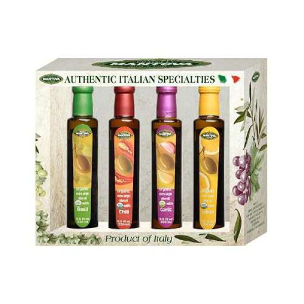 Mantova Organic Flavored Extra Virgin Olive Oil Variety Pack - Garlic, Basil, Chili, and Lemon (8.5 oz Bottles, Pack of 4) - Perfect for Cooking, Dressing, and a Great Gift Item