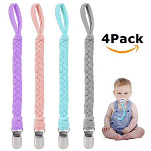 Higo Pacifier Clips for おすすめ Boys 限定タイムセール and Girls 4 Pack Universal Handmade Braided Leash Flexible Pink Pacifiers Ring Grey Blue or Light Soothie Holder Baby Purple Teething Toys