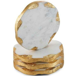 Godinger Marble Coasters Set of 4, Round Gold Edge Drink Coasters for Table