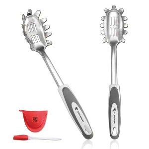 YK GDYORKITCHEN Premium Spaghetti Spoon Server Set - Stainless Steel Slotted Pasta Spoon and Fork with Comfortable Grip Design - Ideal for Serving and Straining Spaghetti, Noodles, and More - Set of 2 With Bonus Gift