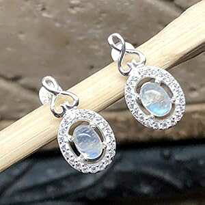 VRC{[ [Xg[AzCg Tt@CA 925 \bh X^[O Vo[ CO 18mm Natural Rocks by Kala Natural Rainbow Moonstone, White Sapphire 925 Solid Sterling Silver Earrings 18mm