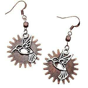 ���M�A�ɃV���o�[�g�[���̃n�`�h���A���^���r�[�Y�̃X�`�[���p���N�C�������O�A�ޏ��ւ̒��̃W���G���[�M�t�g Dreamscape Studio Silver Tone Hummingbird on Copper Gear with Metal Bead Steampunk Earrings, Bird Jewe
