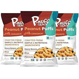 P-nuff Crunch Baked Peanut Puffs - Healthy Snacks, Gluten Free, Vegan, 20g Vegan Protein per Bag, Low FODMAP, Plant Based, Dairy Free, Gut-Friendly, as Seen on Shark Tank, 4oz Bag, Cinnamon, Pack of 3