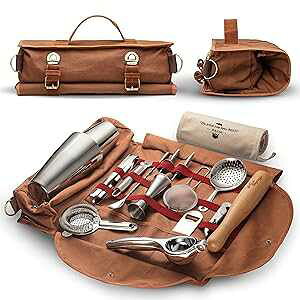 Mixology & Craft Travel Bartender Kit Bag Professional 17-Piece Silver Bar Tool Set with Portable Bar Bag and Shoulder Strap for Easy Carry and Storage Best Travel Bar Set for Home Cocktail Making, Work, Parties