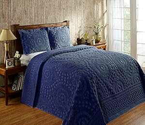 Better Trends Rio Collection is Super Soft and Light Weight in Floral Design 100 Percent Cotton Tufted Unique Luxurious Machine Washable Tumble Dry, Full/Double Bedspread, Navy