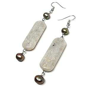 �I�[�g�~�[�� �O���[ �T�[�y���^�C�� �^�u���b�g �{�B�u�����Y �p�[�� ���[�W �C�������O �J�X�^�� Meredithbead Oatmeal Gray Serpentine Tablet Cultured Bronze Pearl Large Earrings Custom
