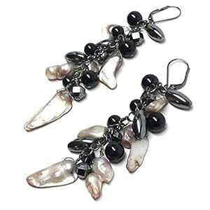 O[uX^[{Bp[K^`F[w}^CgubNIuVfBANX^[hbvCOJX^ Meredithbead Gray Blister Cultured Pearl Gunmetal Chain Hematite Black Obsidian Cluster