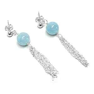 �A�N�A�}���� 8mm ���E���h �X�^�[�����O �V���o�[ �`�F�[�� �^�b�Z�� �C�������O �J�X�^�� Meredithbead Aquamarine 8mm Round Sterling Silver Chain Tassel Earrings Custom