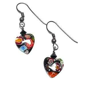Millifiore 12mm �K���X �n�[�g �C�������O ���Ԃ����H�X�^�[�����O�V���o�[ �u���b�N Meredithbead Millifiore 12mm Glass Heart Earrings Oxidized Sterling Silver Black