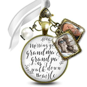 Gutsy Goodness Bouquet Charm for Bride's Grandparents Missing Grandma And Grandpa on Wedding Day Memorial - Handmade 2 Frames White Pendant Bronze for Flowers, Photo DIY Template, Bridal Shower Gift with Box & Card