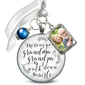Gutsy Goodness Something Blue Wedding Bouquet Charm - Missing You Grandma and Grandpa As I Walk Down the Aisle, Silver Memorial Keepsake with 1 Photo Frame