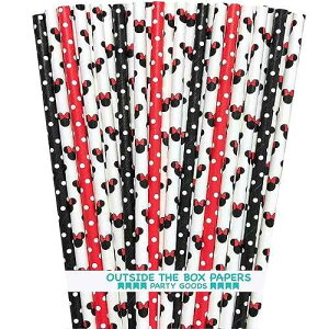 Minnie Mouse Inspired Mouse Ears and Polka Dot Paper Straws - Red White Black - 7.75 Inches - 100 Pack - Outside the Box Papers Brand