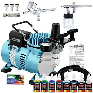 Master Airbrush Cool Runner II Dual Fan Air Compressor Airbrushing System Kit with 2 Professional Airbrushes, Gravity and Siphon Feed - 6 Primary Opaque Colors Acrylic t Artist Set - How to Guide