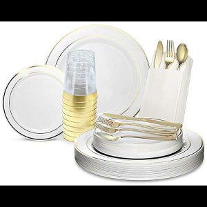 OCCASIONS FINEST PLASTIC TABLEWARE OCCASIONS 640pcs set (80 Guests)-Heavyweight Wedding Party Disposable Plastic Plate Set -80 x 10.5'' + 80 x 7.5'' + Silverware + Cups +linen like paper Napkins (White & Gold Rim