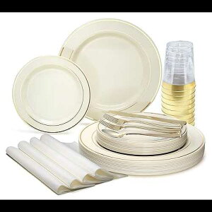 OCCASIONS FINEST PLASTIC TABLEWARE " OCCASIONS " 640Piece set (80 Guests)-Heavyweight Wedding Party Disposable Plastic Plate Set -80 x 10.5'' + 80 x 7.5'' + Silverware + Cups +linen like paper Napkins (Ivory &