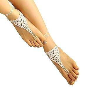 MCC Barefoot Sandals & Lace MCC Beach Wedding Barefoot Sandals, White Crochet Lace, Adjustable One Size Foot Jewelry, Women's Bridal Footwear, and Shoe Alternative (White)