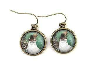 X`[pNȔL̃CO - VNnbgԂLeB Fern & Filigree Steampunk Cat Earrings - White Kitty in Top Hat