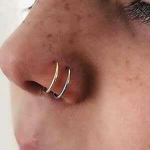tFCNm[YOANbv^Cj[tFCXt[vA2ZbgAS[hƃVo[̃Zv^AsAXsv Generic Fake Nose Ring, Clip-on Tiny Face Hoops, Set of Two, Gold and Silver Septum, No piercin