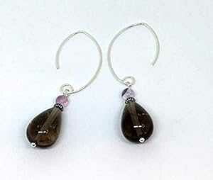 _ȁuVvC[C[̃X[L[NH[cƌu΂̕΃hbvCO CHEFJEWELRY/ElmParkJewelry/ChefMel Smokey Quartz and Fluorite Gemstone Drop Earrings on Modern"V" Earwires
