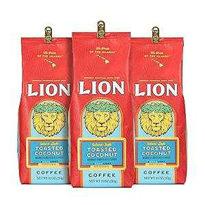 Lion Coffee 3-Pack Toasted Coconut Flavored Light Roast Ground Coffee, A Taste of Aloha - 10 Ounce Bags (Pack of Three)