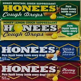 Honees Honey Dropsバラエティバンドル各フレーバーの1つ-ミルク＆ハニー、ハニーフィルド、ハニーレモン、ハニーメンソール（4パック） Honees Honey Drops Variety Bundle 1 of each Flavor - Milk & Honey, Honey Filled, Honey Lemon and Honey