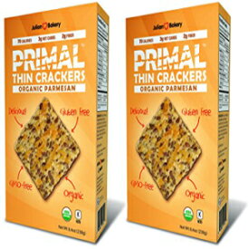 Julian Bakery プライマル シン クラッカー | パルメザンチーズ | USDAオーガニック | グルテンフリー | グレインフリー | 遺伝子組み換えフリー | 低炭水化物 | 2パック Julian Bakery Primal Thin Crackers | Parmesan | USDA Organi