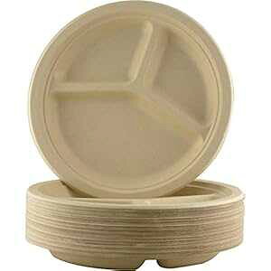 Avant Grub Restaurant-Grade Biodegradable 10 Inch 3-Compartment Plates. Bulk 100 Pk. Great for Lunch and Dinner Parties. Disposable Compostable Wheatstraw Divided Plates are Leakproof and Microwave Safe.