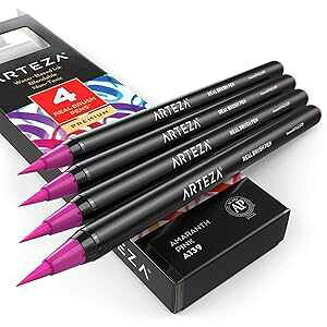Arteza Real Brush Pens, A139 Amaranth Pink, Pack of 4, Watercolor Pens with Nylon Brush Tips, Art Supplies for Dry-Brush ting, Sketching, Coloring & Calligraphy
