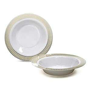  OCCASIONS  40 Pieces Plates Pack, Disposable Wedding Party Plastic Bowls (12 oz Soup Bowl, Venice in White/Ivory & Silver) OCCASIONS FINEST PLASTIC TABLEWARE  OCCASIONS  40 Pieces Plates Pack, Disposable Wed