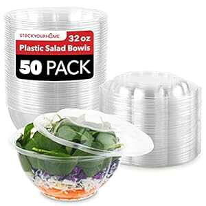 Stock Your Home 32oz Clear Plastic Salad Bowls with Lids Disposable (50 Pack) Medium Takeout Container with Snap on Lid for Fruit Salads, Quinoa, Lunch and Meal Prep, Acai Bowl, To-Go Party Containers