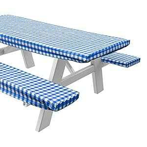 Sorfey Vinyl Picnic Table and Bench Fitted Tablecloth Cover, Checkered Design, Flannel Backed Lining, 28 x 72 Inch, 3-Piece Set, Blue