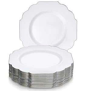 10.75インチ 使い捨て食器プレート プレミアム再利用可能プラスチック バロック - ホワイト 20個 Silver Spoons 10.75" Disposable Dinnerware Plates Premium Reusable Plastic Baroque - White 20 Pieces