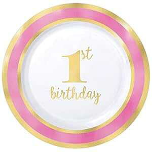 amscan 1΂̒a v~A sN Eh vX`bN v[g - 7 1/2C`A10pbN amscan 1st Birthday Premium Pink Round Plastic Plates - 7 1/2", Pack of 10