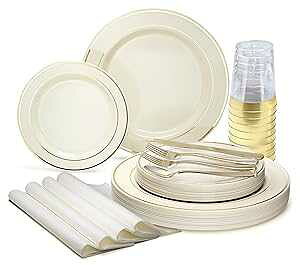 OCCASIONS FINEST PLASTIC TABLEWARE " OCCASIONS " 200Piece set (25 Guests)-Heavyweight Wedding Party Disposable Plastic Plate Set -25 x 10.5'' + 25 x 7.5'' + Silverware + Cups +linen like paper Napkins (Ivory &