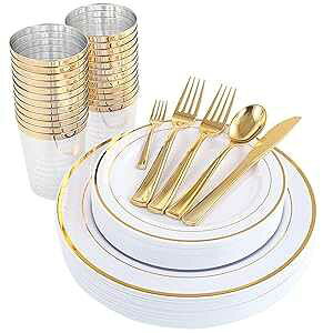 WDF 25Guest Gold Plastic Plates with Gold Silverware - Pastic Plates Dinnerware - Include 25 Dinner Plates 25 Salad Plates 50 Forks 25 Knives 25 Spoons 25 Cups 25 Mini Forks for Christmas