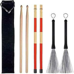 M Y Fly Young Drum Sticks Set, 1 Pair Drum Wire Brushes Retractable Drum Stick Brush, 1 Pair Rods Drum Brushes and 1 Pair 5A Classic Maple Wood Drum Sticks for Jazz Folk Acoustic Music Lover Gift Total 3 Pairs