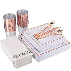 175 Piece Rose Gold Dinnerware Set 25 Guest-50 Square Plastic Plates-25 Rose Gold Plastic Silverware-25 Plastic Cups-25 Linen Like Rose Gold Paper Napkins, FOCUSLINE Disposable Dinnerware Set