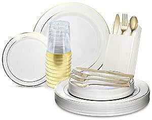 OCCASIONS FINEST PLASTIC TABLEWARE " OCCASIONS " 320pcs set (40 Guests)-Heavyweight Wedding Party Disposable Plastic Plate Set -40 x 10.5'' + 40 x 7.5'' + Silverware + Cups +linen like paper Napkins (White & G