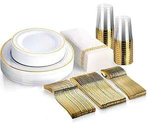 M MCIRCO 175 Piece Gold Dinnerware Set - 50 Gold Rim Plastic Plates - 25 Gold Plastic Silverware - 25 Gold Plastic Cups - 25 Linen Like Gold Paper Napkins, 25 Guest Disposable Gold Dinnerware Set
