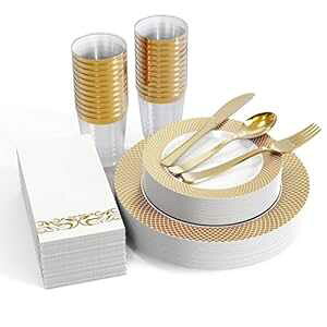 FOCUSLINE 175 Piece Gold Dinnerware Set for 25 Guests- Gold Grid Plastic Plates, Gold Plastic Silverware Cups and Napkins, Fancy Plastic Plates Disposable Set for Party Weddings Birthday