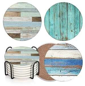 Britimes Coaster for Drinks Set of 6, Retro Wood Absorbent Round Ceramic Stone Mat, with Cork Base and Metal Holder, Gift for Housewarming Room Bar Decor