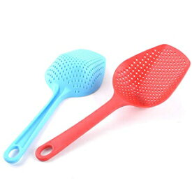 xiao 2 Pcs Durable Scoop Colander Strainer Spoon - Kitchen Food Plastic Water Scoop Colander Oil Filter Grid Scoop,for Cooking, Baking (Red&Green)